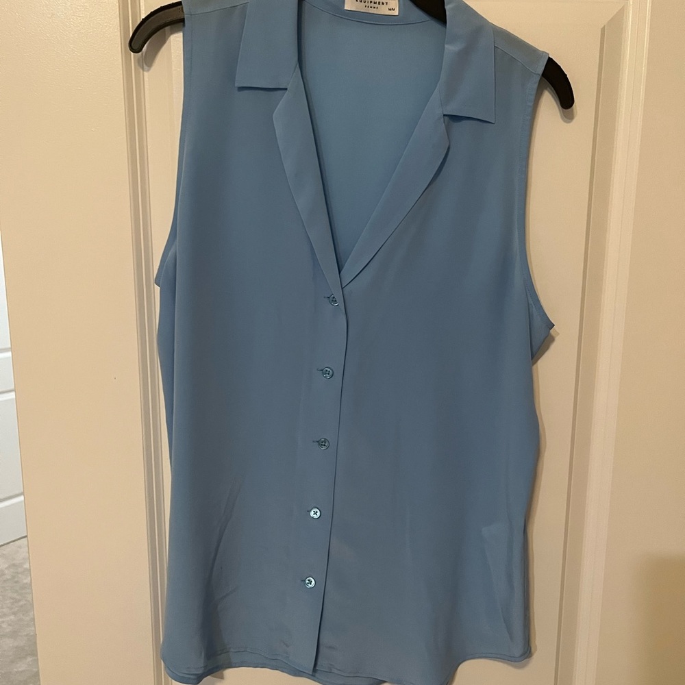 Equipment blue silk button down tank top